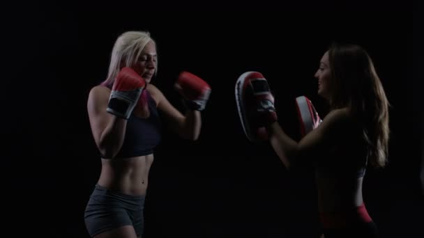 フィット若い女性女性向けトレーニング パートナーとボクシング — ストック動画