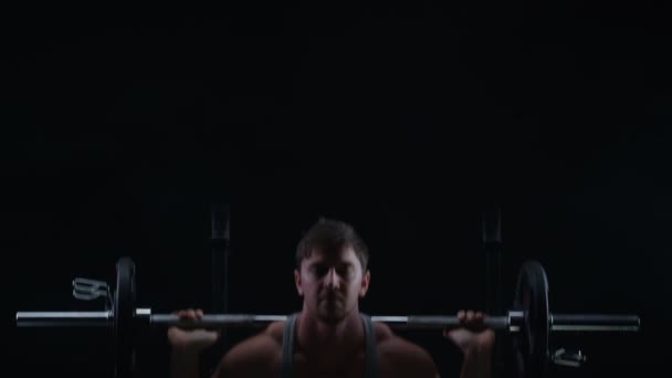 Muscular Man Weight Training Doing Squats Barbell — Stock Video