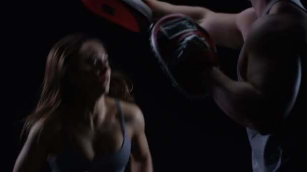 Fit Young Woman Doing Boxing Training Male Trainer — Stock Video