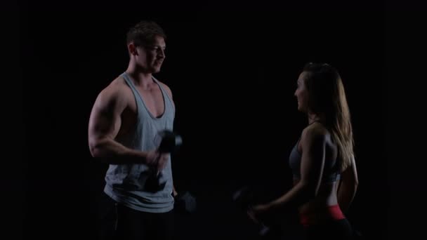 Fit Young Man Woman Working Out Weights Black Background — Stock Video