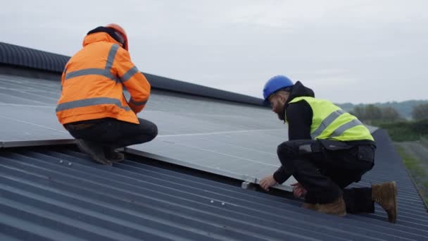 Técnicos Verificando Painéis Instalação Energia Solar — Vídeo de Stock