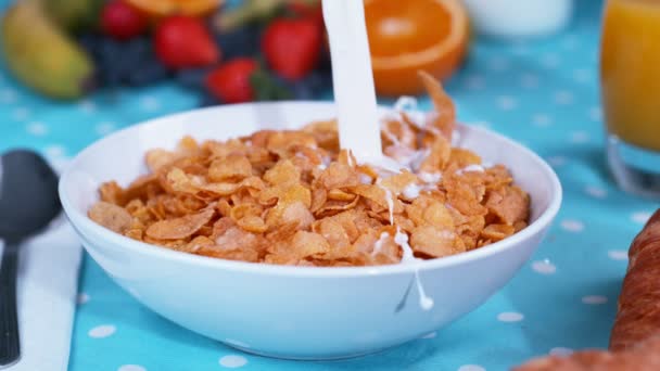 Slow Motion Milk Pouring Cereal Flakes Bowl Breakfast Table — Stock Video