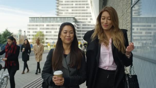 Two Businesswomen Chatting Walking City — Stock Video