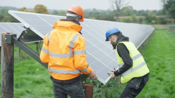 Técnicos Trabajando Planta Energía Solar Retirando Panel Para Inspección — Vídeo de stock