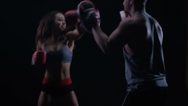 Fit Young Woman Doing Boxing Training Male Trainer — Stock Video