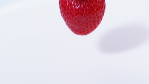 新鲜的红色草莓滴入一碗奶油 慢动作关闭 — 图库视频影像