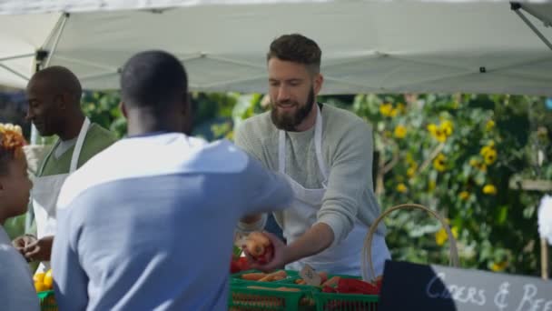 陽気な男販売新鮮な果物や屋外の農民市場での顧客 — ストック動画
