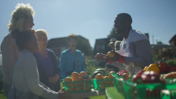 在户外农户市场上向客户销售新鲜水果和蔬菜的快乐男人 — 图库视频影像