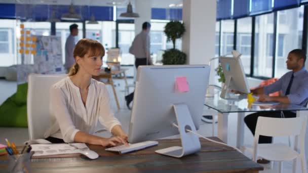 Gruppo Lavoro Ufficio Moderno Concentrarsi Sulla Donna Che Lavora Computer — Video Stock