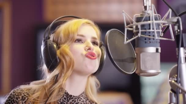 Portrait Smiling Female Vocalist Recording Studio Singing Microphone — Stock Video