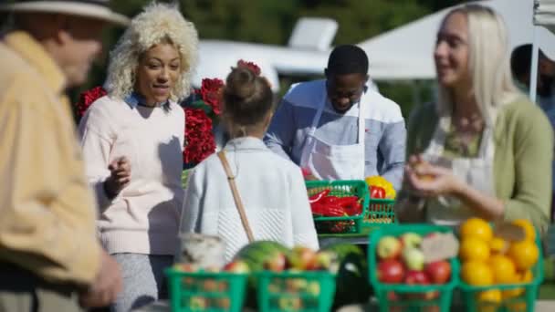 Freundliche Standbesitzer Verkaufen Frische Produkte Kunden Auf Bauernmarkt — Stockvideo