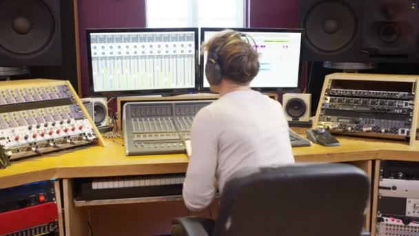 Portrait Smiling Sound Engineer Working Mixing Desk Recording Studio — Stock Video
