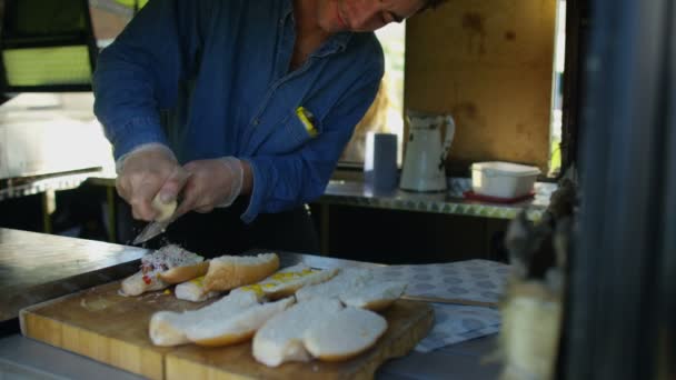 Street Food Vendor Making Hot Dogs Customers Summer Festival — Stock Video