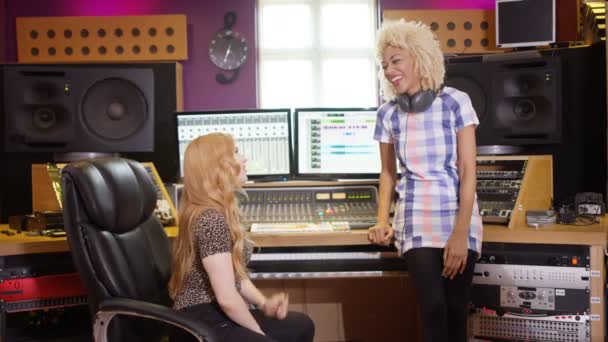 Portrait Two Young Women Recording Studio Working Mixing Desk — Stock Video