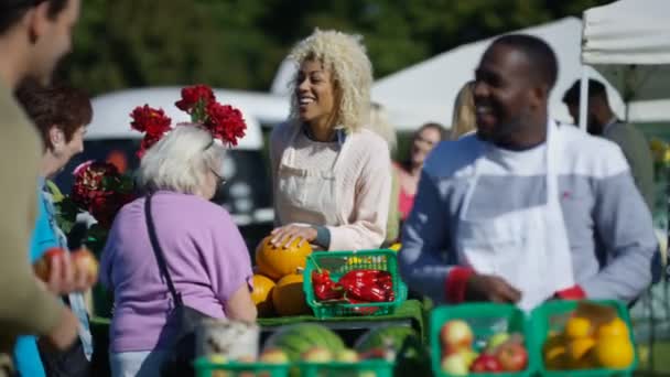 Müşterilere Çiftçi Market Dostu Durak Sahipleri Taze Satış Üretmek — Stok video