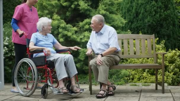 Vrolijke Oudere Bewoners Van Verpleeghuis Tijd Buitenshuis Doorbrengen Tuin — Stockvideo