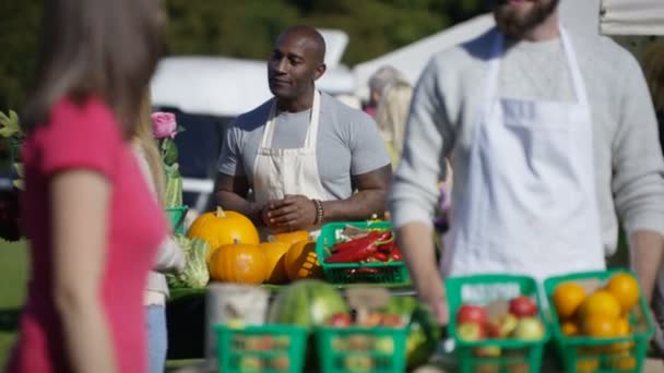 Portret Van Glimlachen Kraam Houder Boerenmarkt — Stockvideo