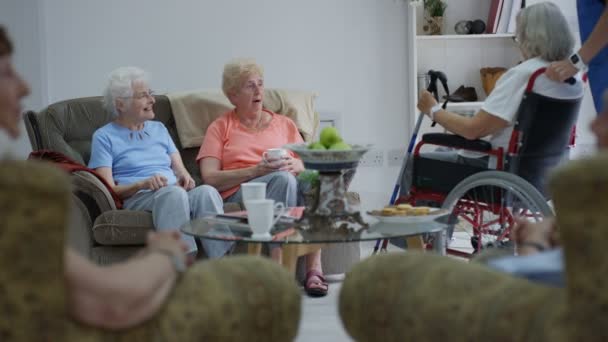 Caring Nurse Taking Care Talking Elderly Residents Retirement Home — Stock Video