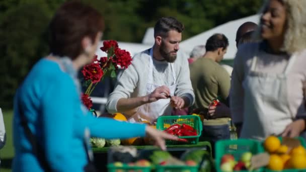 Vänliga Stall Innehavare Säljer Färska Producerar Till Kunder Farmers Market — Stockvideo