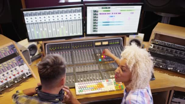 Sound Engineer Female Artist Working Mixing Desk Recording Studio — Stock Video