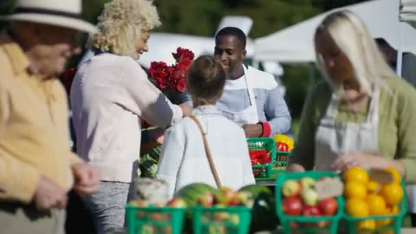 Friendly Stall Holders Selling Fresh Produce Customers Farmers Market — Stock Video