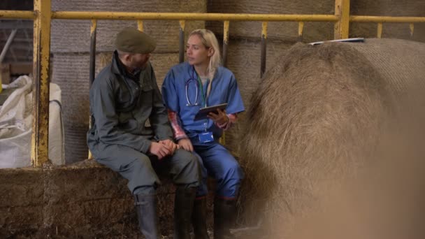 Dierenarts Met Tablet Praten Met Boer Hooi Schuur — Stockvideo