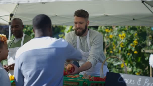 Vrolijke Man Verkopen Vers Fruit Groenten Aan Klanten Buiten Boerenmarkt — Stockvideo