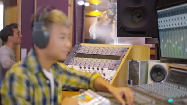 Portrait Smiling Music Producer Recording Studio — Stock Video