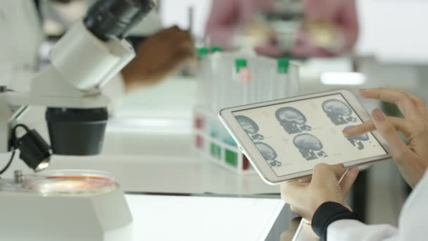 Gruppo Ricerca Medica Che Lavora Con Tecnologia Laboratorio Moderno — Video Stock