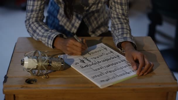Retrato Compositor Sorridente Compondo Música Estúdio Com Banda Segundo Plano — Vídeo de Stock