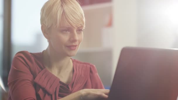 Mulher Feminina Atraente Usando Laptop Casa Com Iluminação Natural Suave — Vídeo de Stock