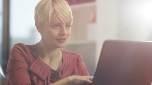 Mujer Femenina Atractiva Usando Ordenador Portátil Casa Con Iluminación Natural — Vídeos de Stock