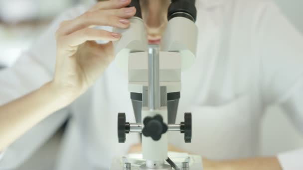 Крупный План Медицинского Исследователя Работающего Лаборатории Изучающего Микроскоп — стоковое видео