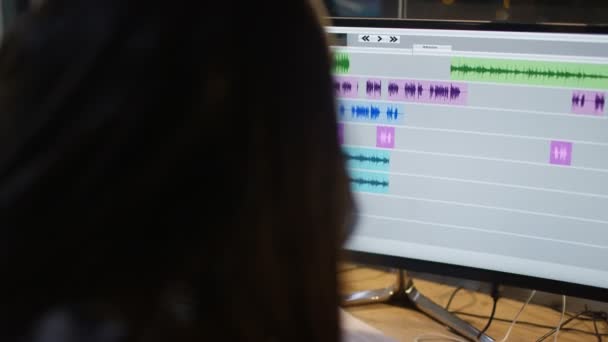 Brunette Woman Recording Song Production Studio Working Computer Mixing Software — Stock Video