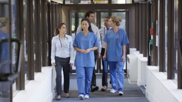 Equipe Médica Tendo Uma Discussão Enquanto Caminham Pelo Corredor Hospital — Vídeo de Stock