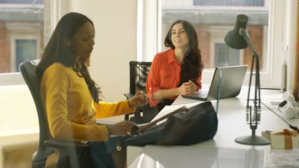 Веселі Ділові Жінки Спілкуються Початку Дня Міському Офісі — стокове відео