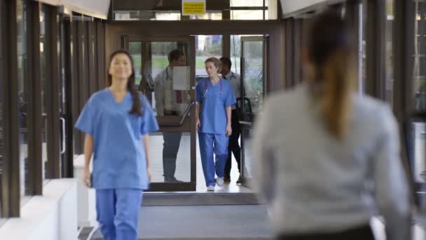 Equipe Médica Tendo Uma Discussão Enquanto Caminham Pelo Corredor Hospital — Vídeo de Stock