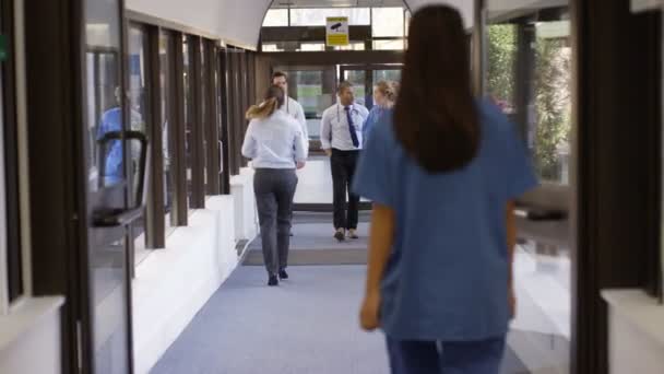 Equipe Médica Tendo Uma Discussão Enquanto Caminham Pelo Corredor Hospital — Vídeo de Stock