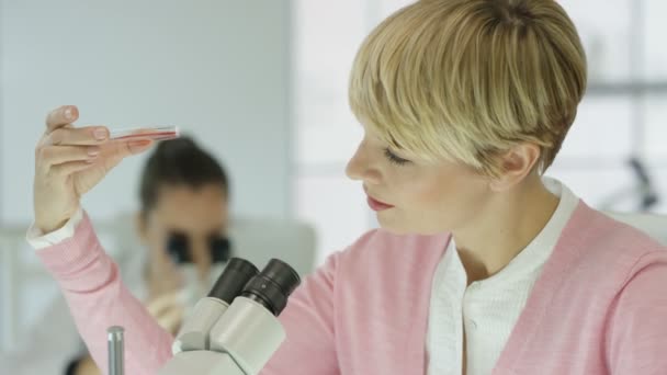 Pesquisador Médico Trabalhando Laboratório Olhando Amostra Sob Microscópio — Vídeo de Stock