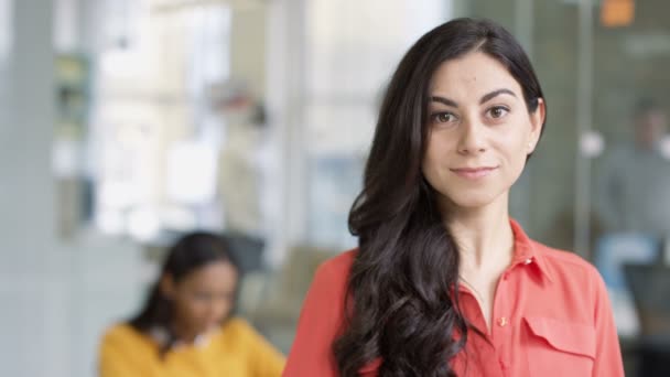 Retrato Mulher Negócios Casual Sorridente Escritório Criativo Moderno — Vídeo de Stock