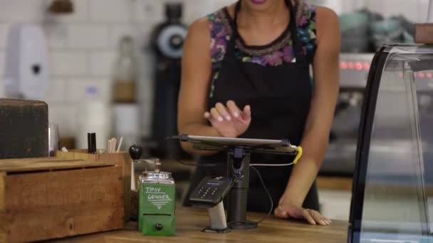 Ritratto Amichevole Lavoratore Sorridente Piedi Dietro Bancone Caffetteria — Video Stock