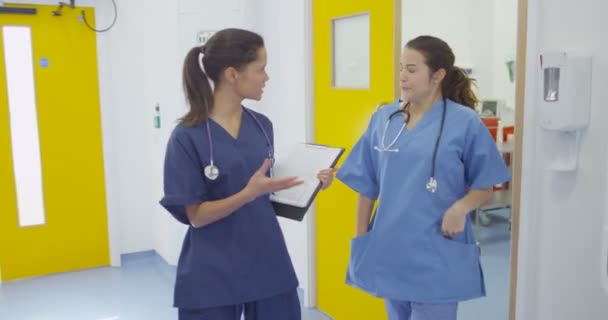 Colegas Hospital Moderno Conversando Enquanto Caminham Pelo Corredor Ocupado — Vídeo de Stock