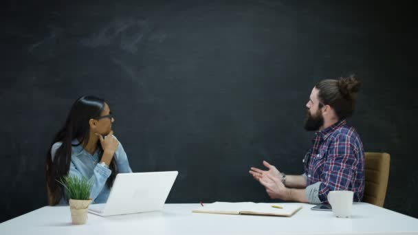 Man Woman Working Using Technology Looking Blackboard Background — Stock Video