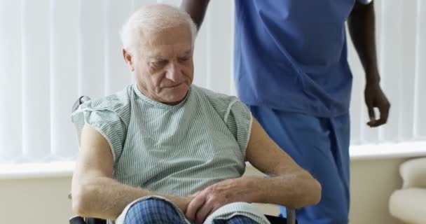 Caring Medical Worker Speaking Words Comfort Elderly Man Wheelchair — Stock Video