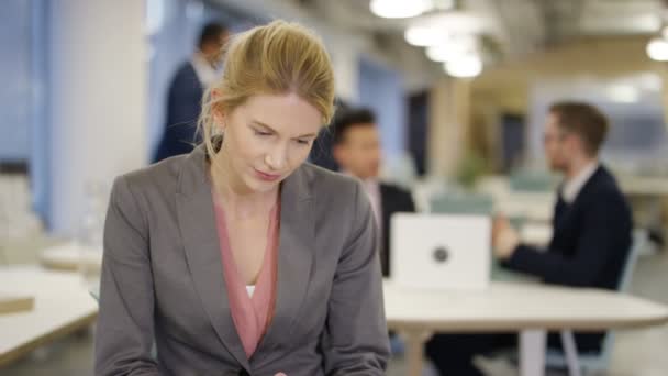 Retrato Mulher Negócios Corporativa Sorridente Com Colegas Trabalhando Segundo Plano — Vídeo de Stock