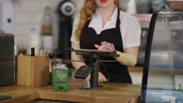 のコーヒー ショップでのカウンターの後ろに立っているフレンドリーな笑顔労働者の肖像 — ストック動画