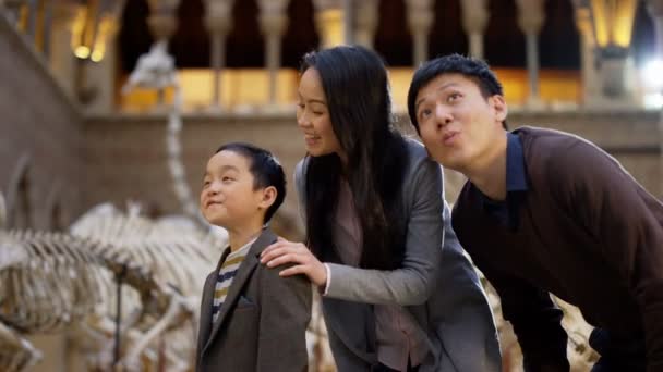 Joven Familia Asiática Visitando Museo Mirando Las Exposiciones Con Asombro — Vídeo de stock