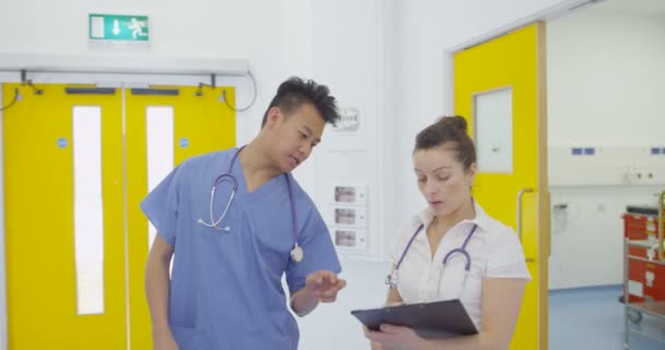 Vrolijke Collega Het Moderne Ziekenhuis Chatten Als Lopen Door Het — Stockvideo