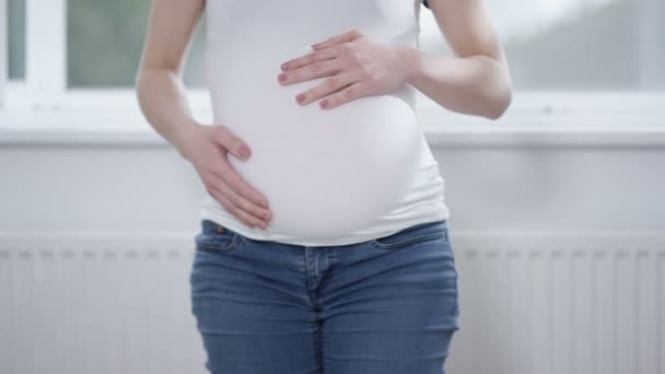 Mulher Grávida Casa Fazendo Forma Coração Com Mãos Barriga — Vídeo de Stock