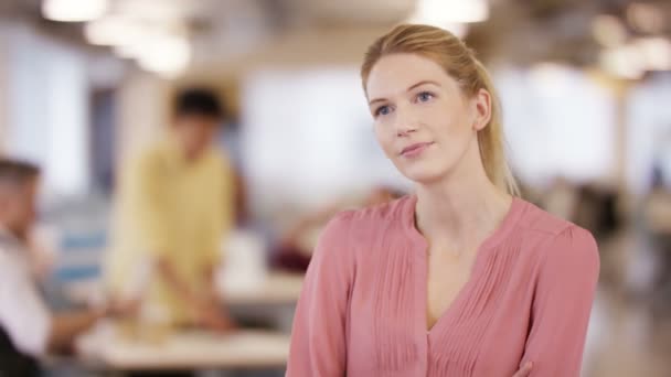 Retrato Una Mujer Negocios Informal Sonriente Oficina Con Colegas Trabajando — Vídeos de Stock